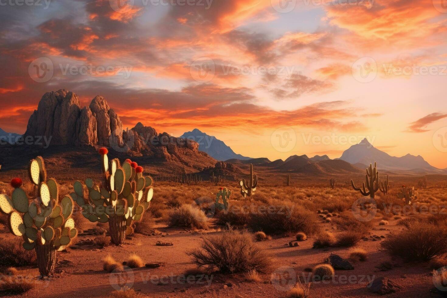 AI generated Wild West Texas desert landscape with sunset with mountains and cacti. photo