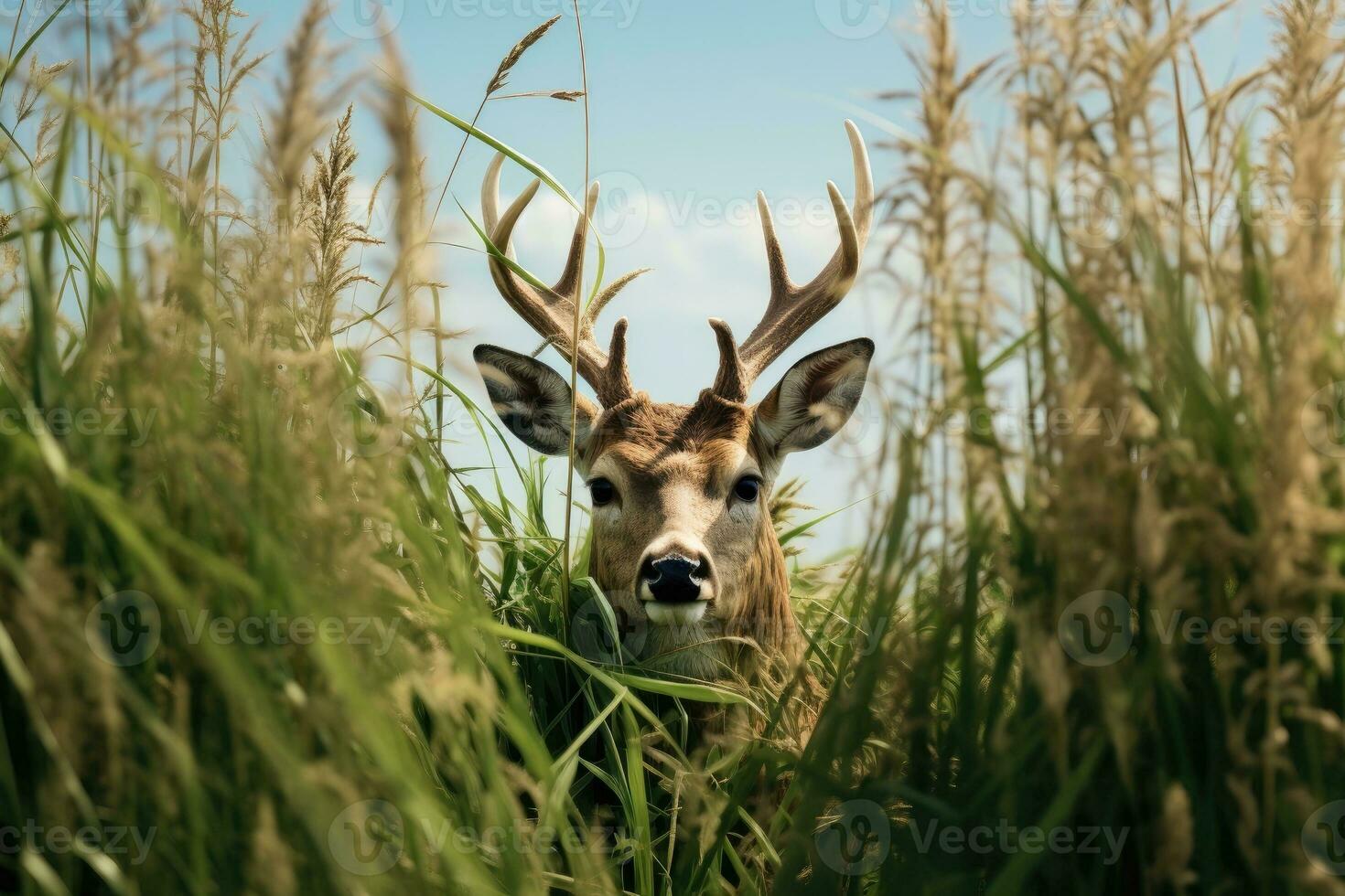 AI generated Deer head in tall grass photo
