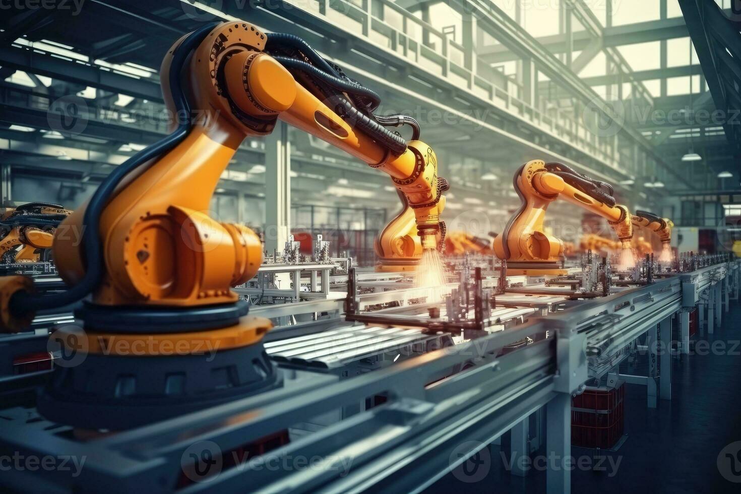 AI generated Robotic arm for electronic assembly line. Smart modern factory automation using advanced machines. photo