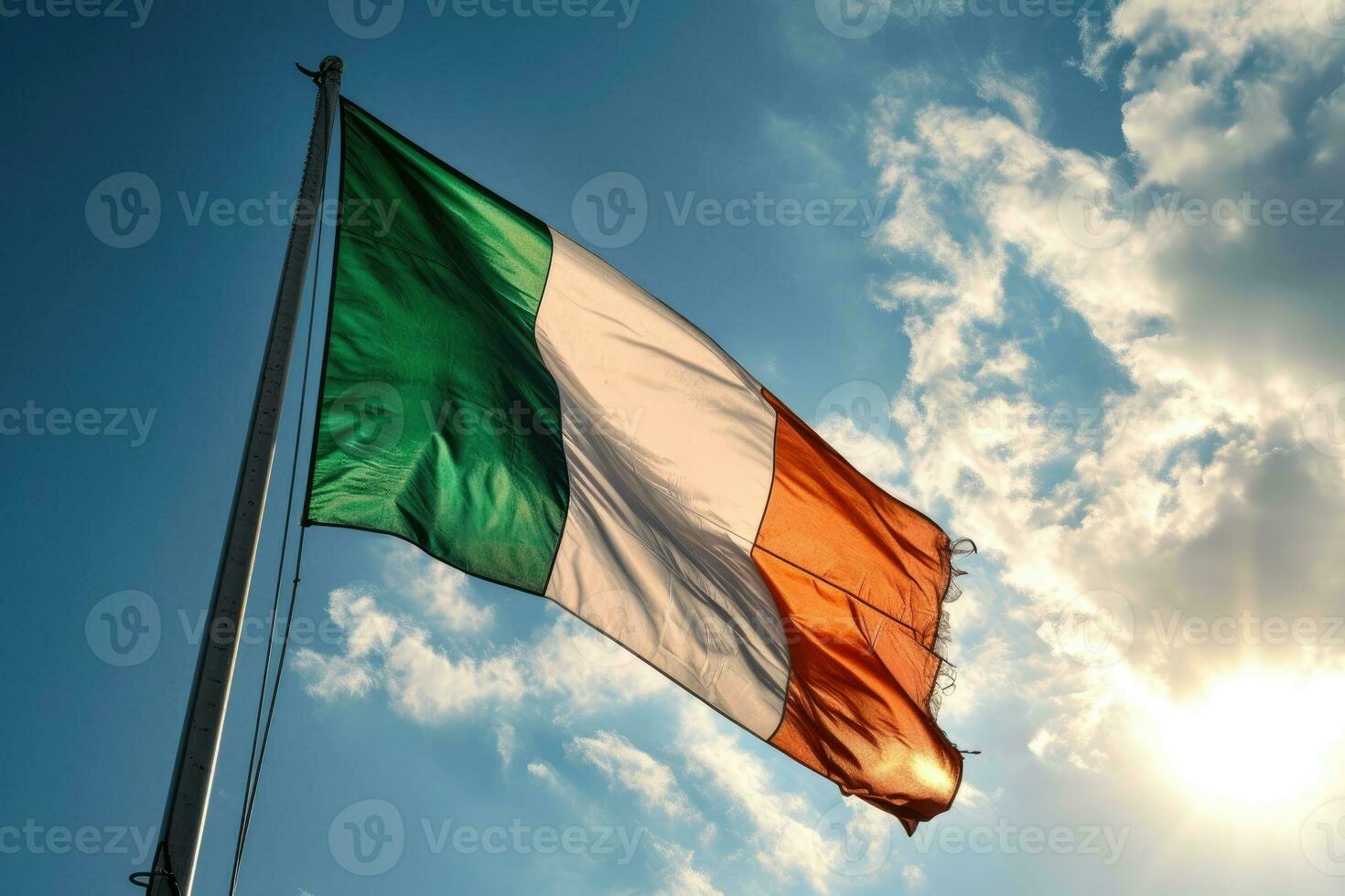 AI generated Ireland flag waving on blue sky background photo