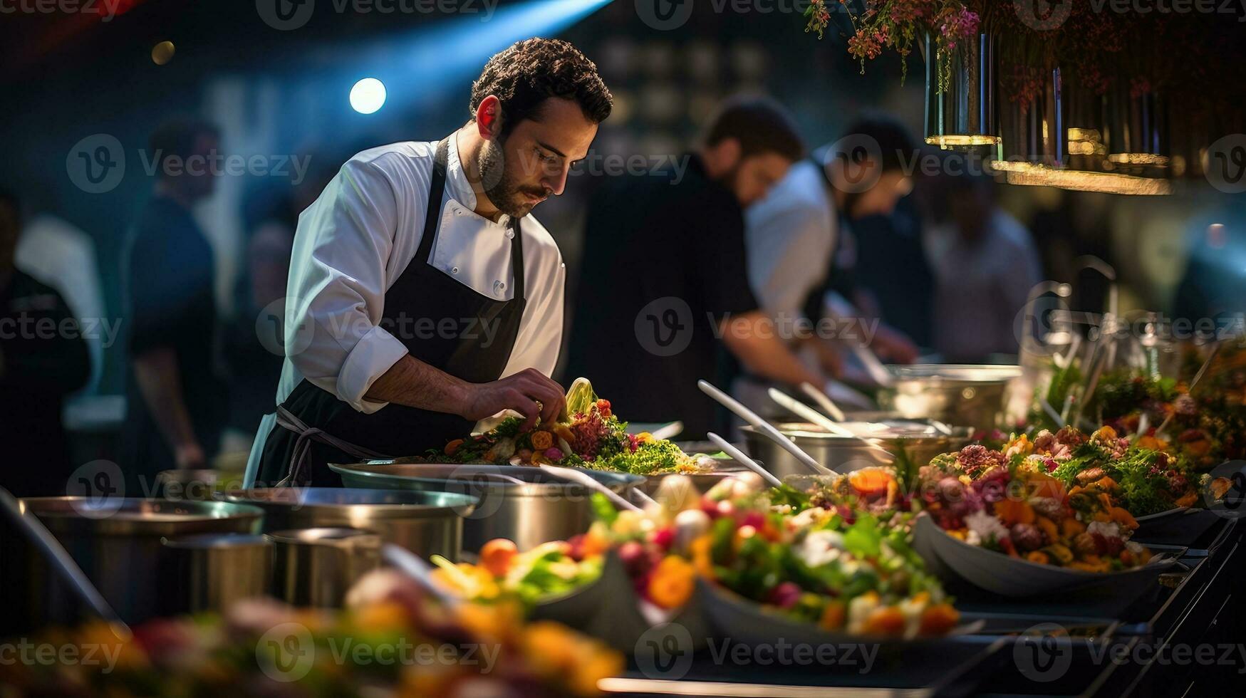 AI generated A bustling catering event, with chefs preparing exquisite dishes in an open kitchen. Catering buffet food indoor in restaurant photo