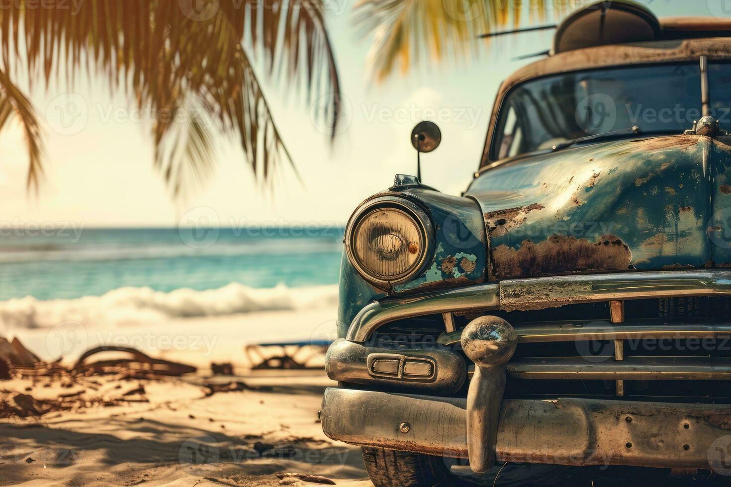 AI generated An old car parked on a tropical beach with a canoe on the roof. photo