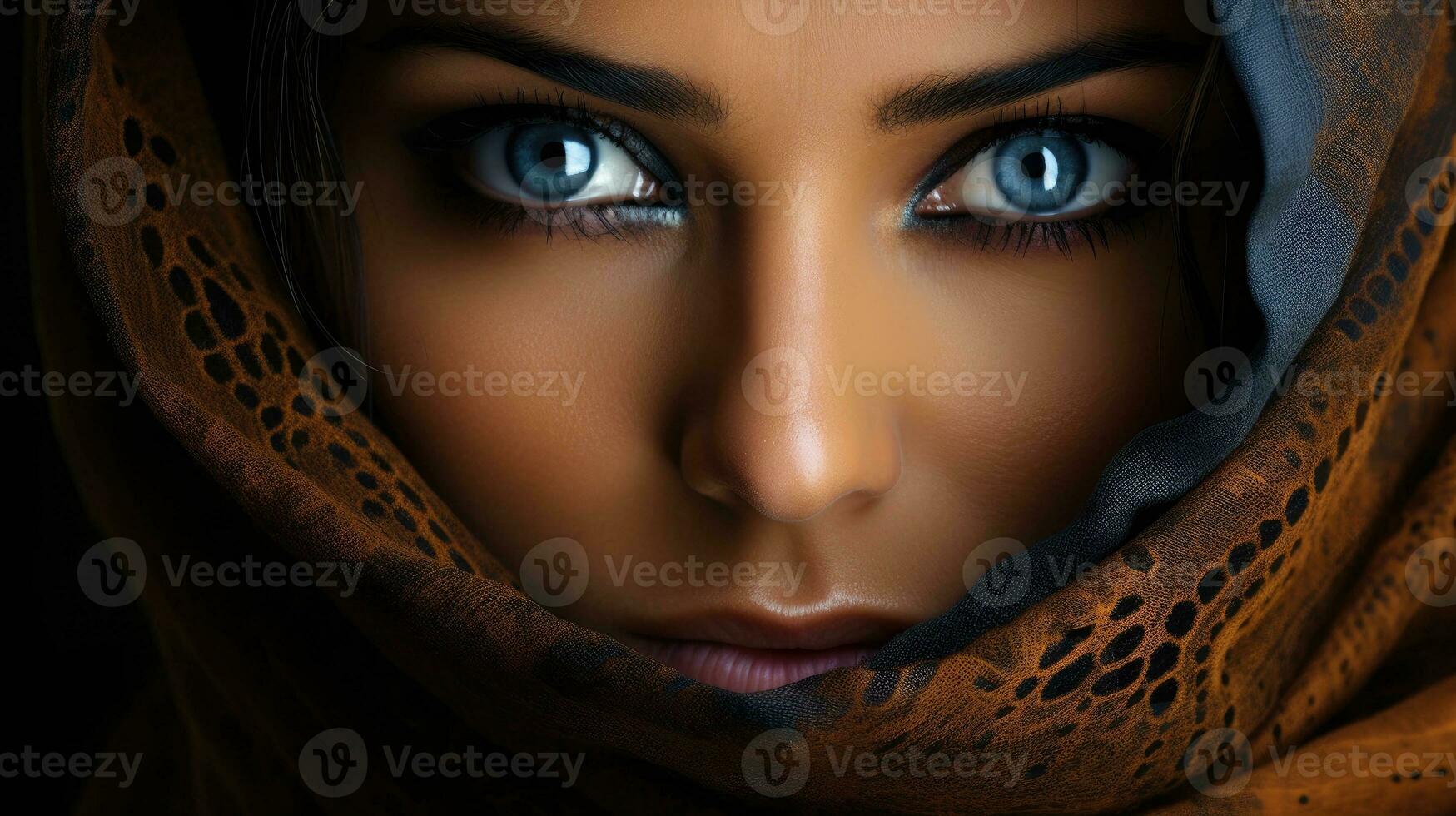 AI generated Piercing look into the eyes of an Arab woman with a headscarf photo