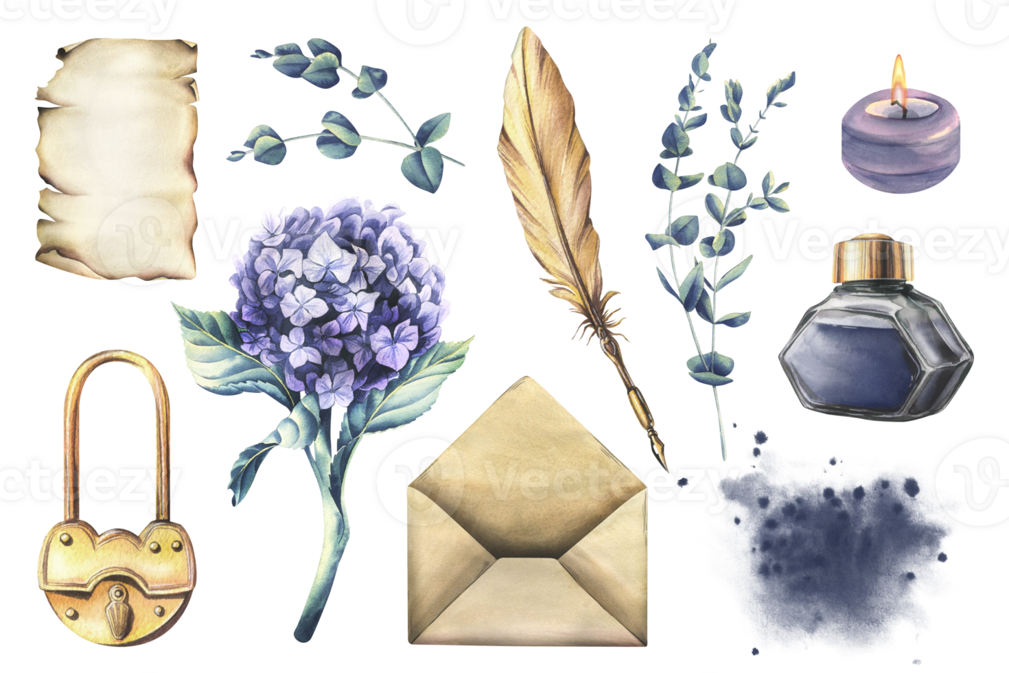 Writing supplies. papyrus paper, craft envelope, gold pen, ink, candle, lock and hydrangea and eucalyptus. Hand drawn watercolor illustration. Set of isolated elements png