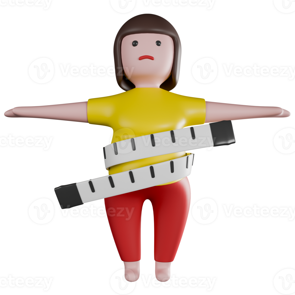 Full body sad young plus size big fat fit woman train stand measure tape isolated on transparent background. sport concept. 3d rendering. png