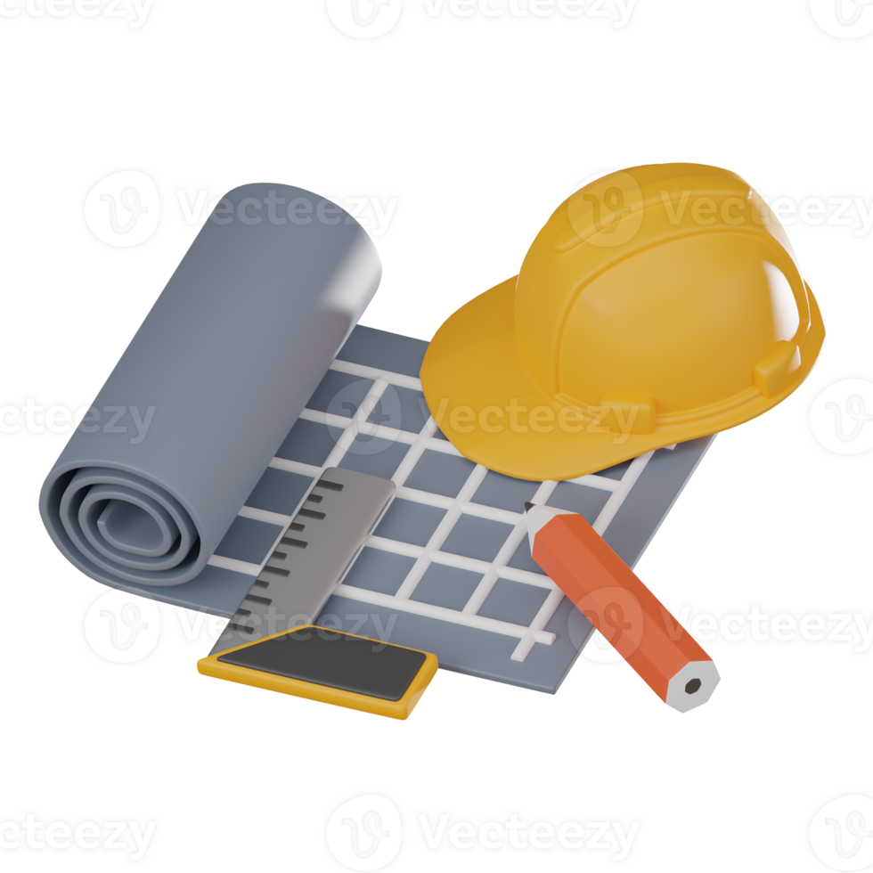 Blueprint Mastery of Construction Tools for Design and Safety. 3D Render png