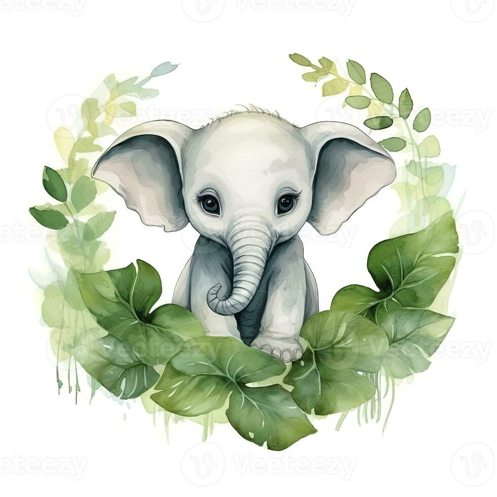 AI generated Happy cute baby elephant in green leaves in the watercolor style. AI Generated photo