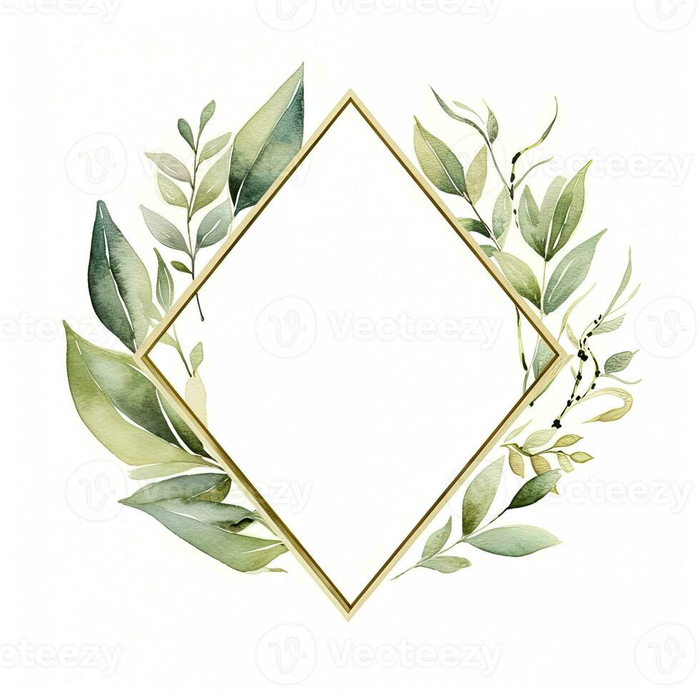 AI generated Watercolor geometry shape wreath with green leaf. AI Generated photo