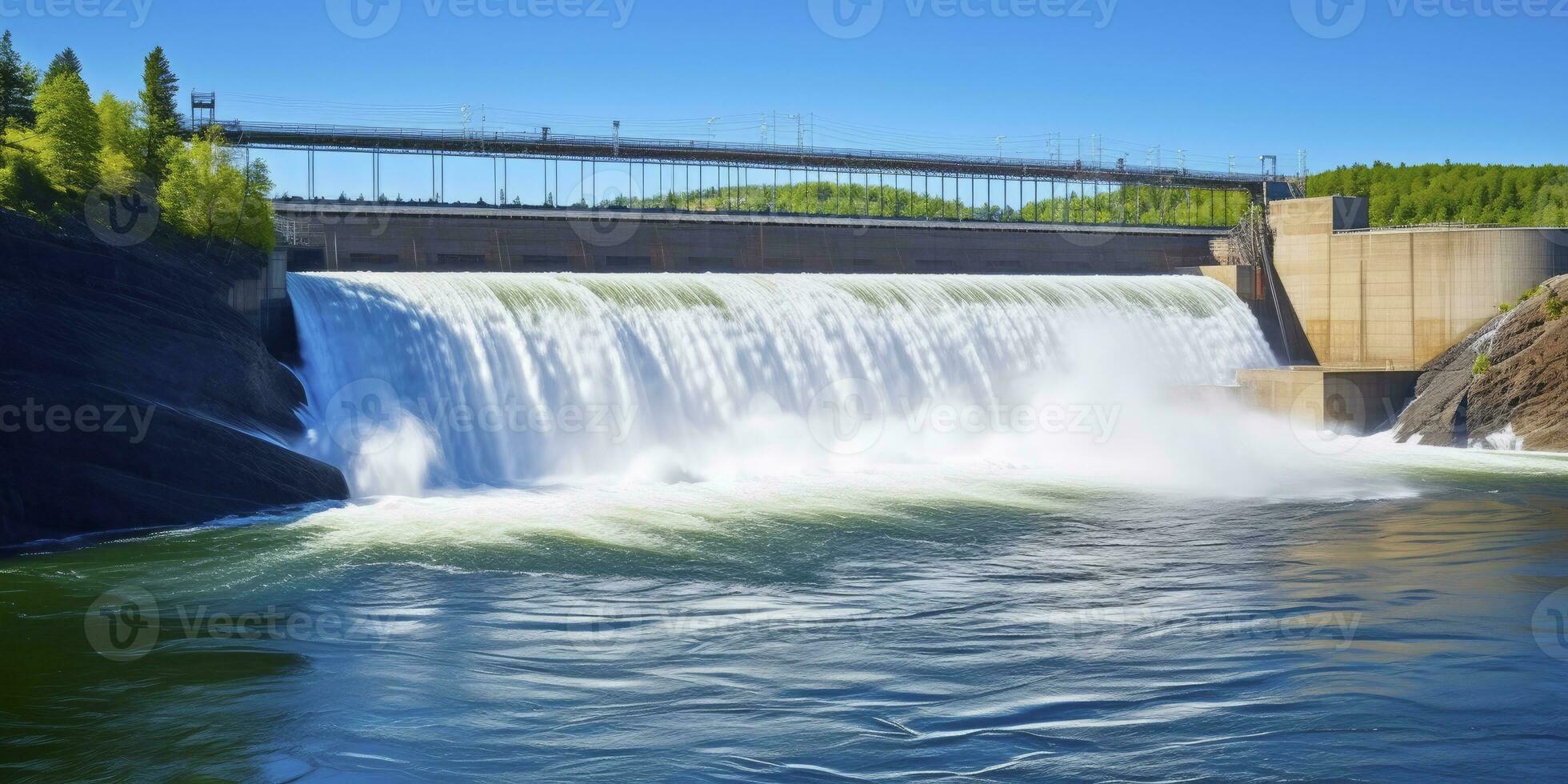 ai generado hidroeléctrico represa generando verde energía desde fluido agua. ai generado. foto