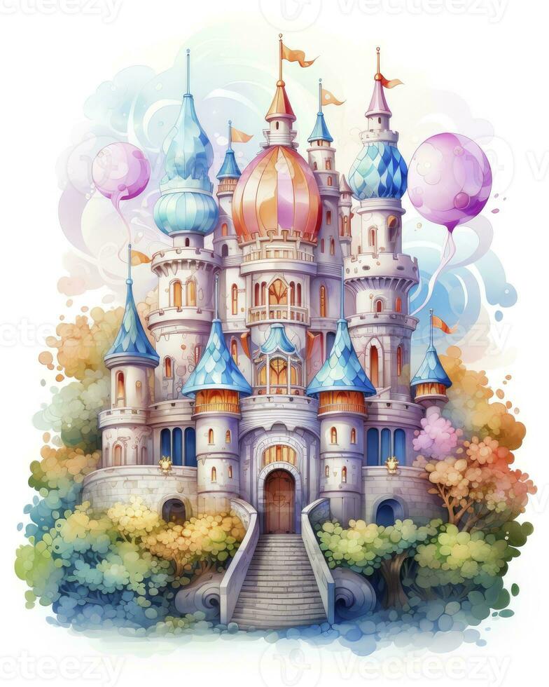 AI generated Colorful watercolor kawaii castle isolated on white background. AI Generated photo