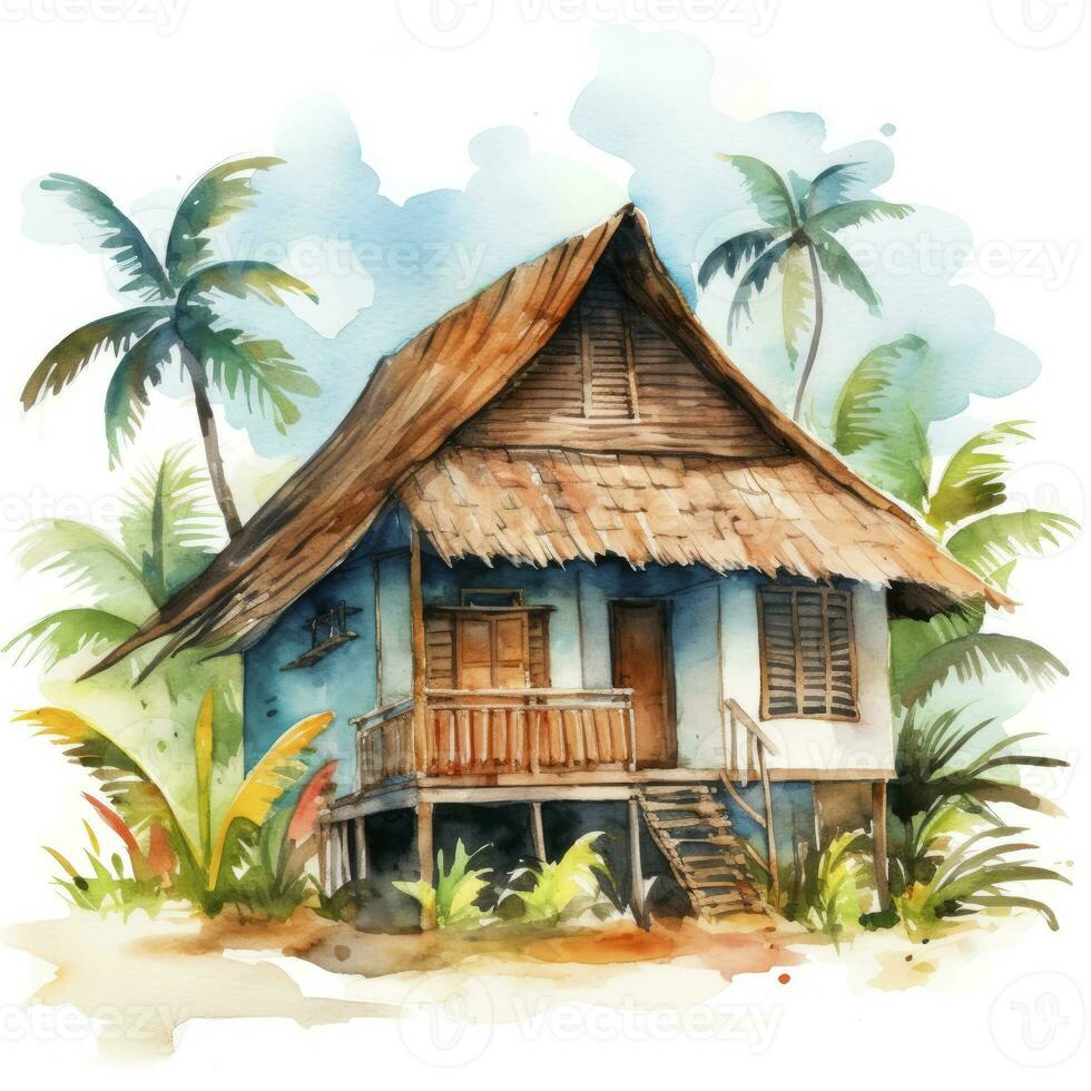 AI generated A watercolored bright serene image of a traditional bahay kubo. AI Generated photo