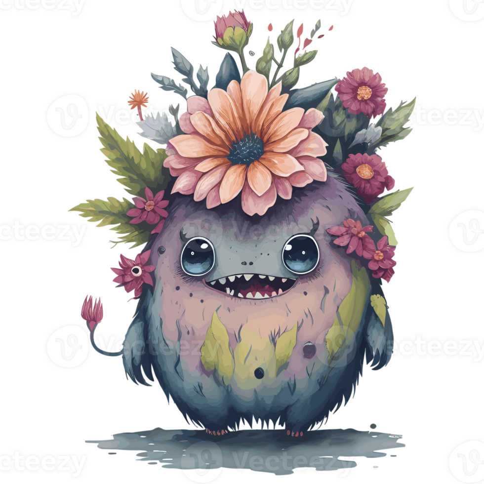 AI generated Cute Funny Flower Monster Watercolor Illustration. Baby monster clipart png