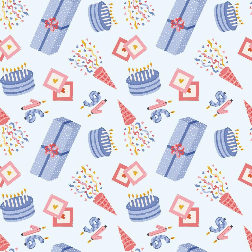 Seamless pattern with birthday cake, confetti, gift box, number candle in cute style. Childish design with holiday clipart for wrapping paper, print, fabric, scrapbook. Bright festive background. vector