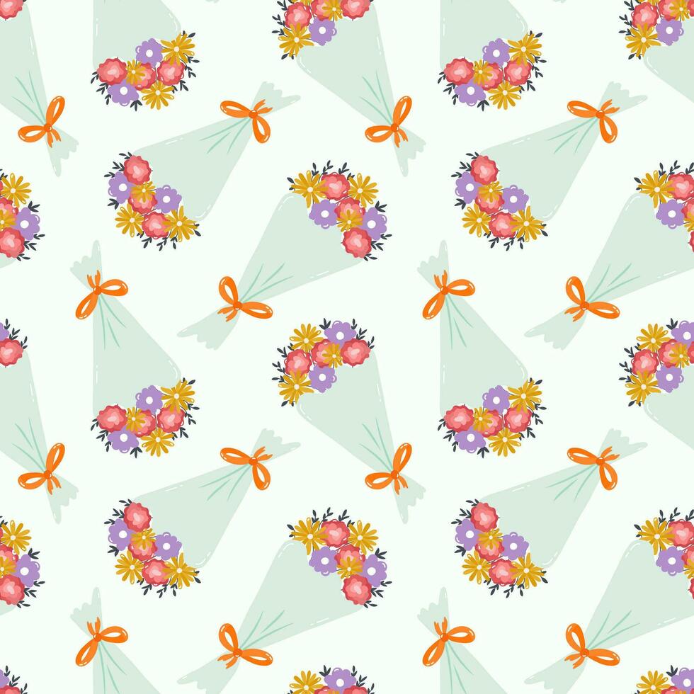 Seamless pattern with birthday bouquet of flower with ribbon in cute doodle style. Romantic design with holiday clipart for wrapping paper, print, fabric, scrapbook. Bright festive background vector