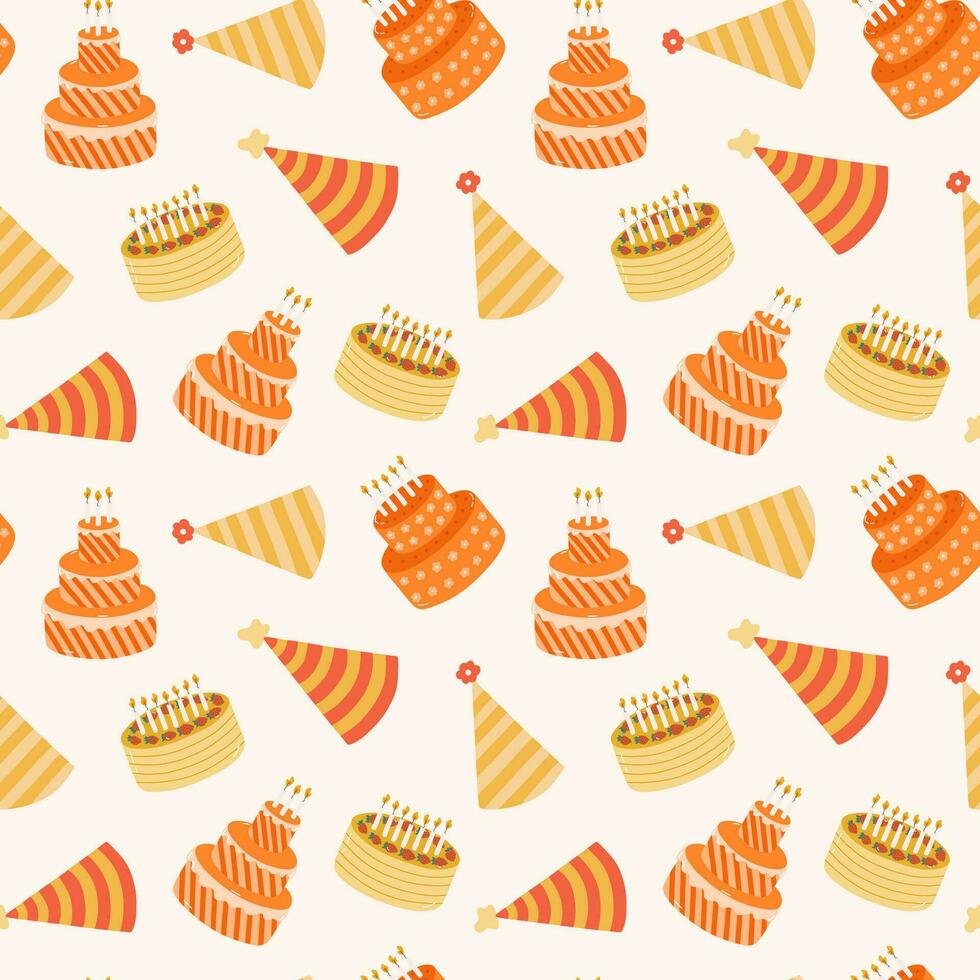 Seamless pattern with birthday party hat, cake with candle in cute doodle style. Childish design with holiday clipart for wrapping paper, print, fabric, scrapbook. Bright festive background for kids. vector