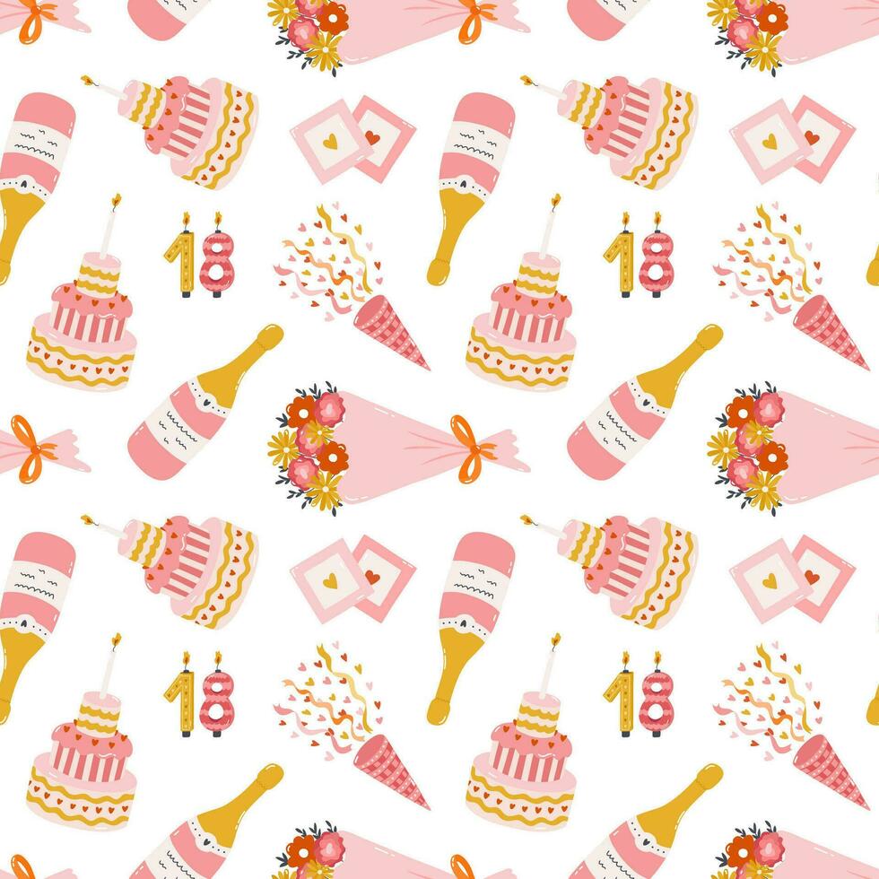 Seamless pattern with birthday cake, bouquet of flower, confetti, champagne bottle, retro photo. Romantic design with holiday doodle for wrapping paper, fabric, scrapbook. Pink festive background. vector