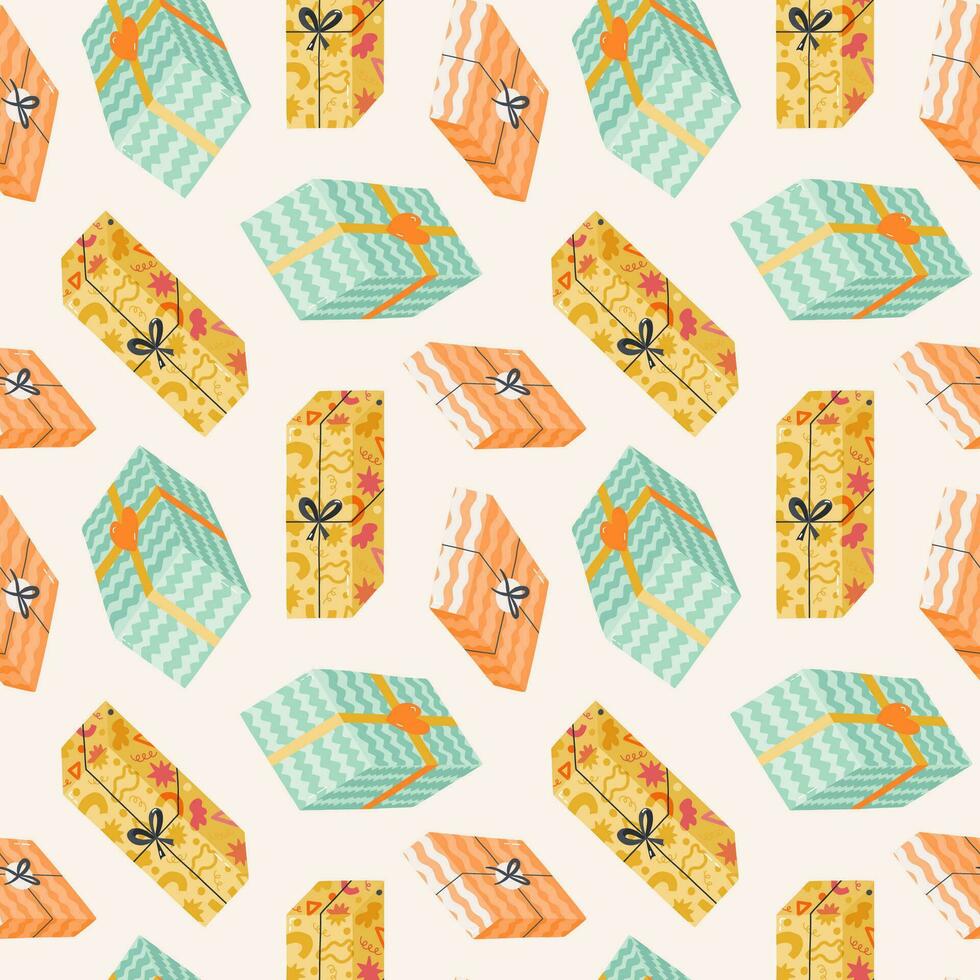 Seamless pattern with birthday gift boxes with bow in cute doodle style. Childish design with holiday clipart for wrapping paper, print, fabric, scrapbook. Bright festive background for kids vector