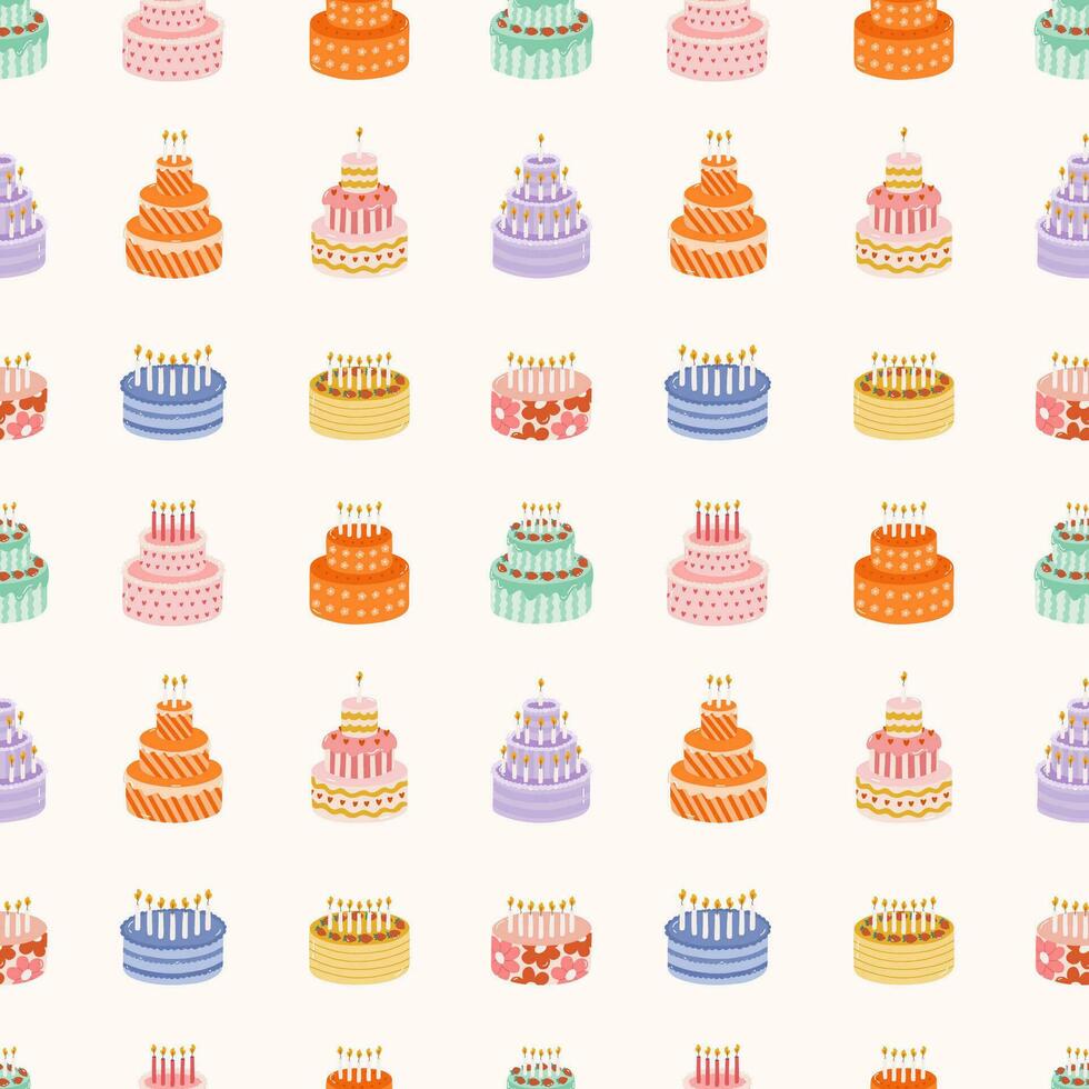 Seamless pattern with birthday cake with candles in cute doodle style. Childish design with holiday clipart for wrapping paper, print, fabric, scrapbook. Bright festive background for kids. vector