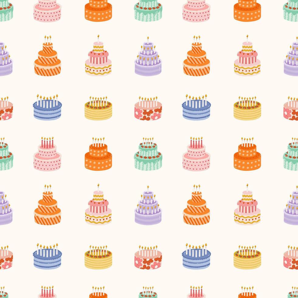 Seamless pattern with birthday cake with candles in cute doodle style. Childish design with holiday clipart for wrapping paper, print, fabric, scrapbook. Bright festive background for kids. vector