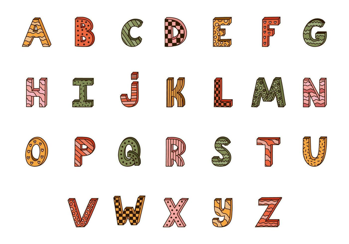 Cute funky 3d alphabet set with contrast outline and memphis decoration. Patterned bold font with shadow. Funny latin ABC with uppercase letters for book cover, logo, festival headline, greeting card vector