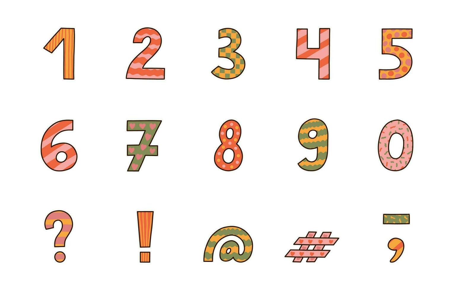 Retro funky number set with memphis decoration and hand drawn outline. Chunky bold symbols of question, comma, dash. Funny doodle numbers, punctuation marks for cover, poster, banner, greeting card. vector