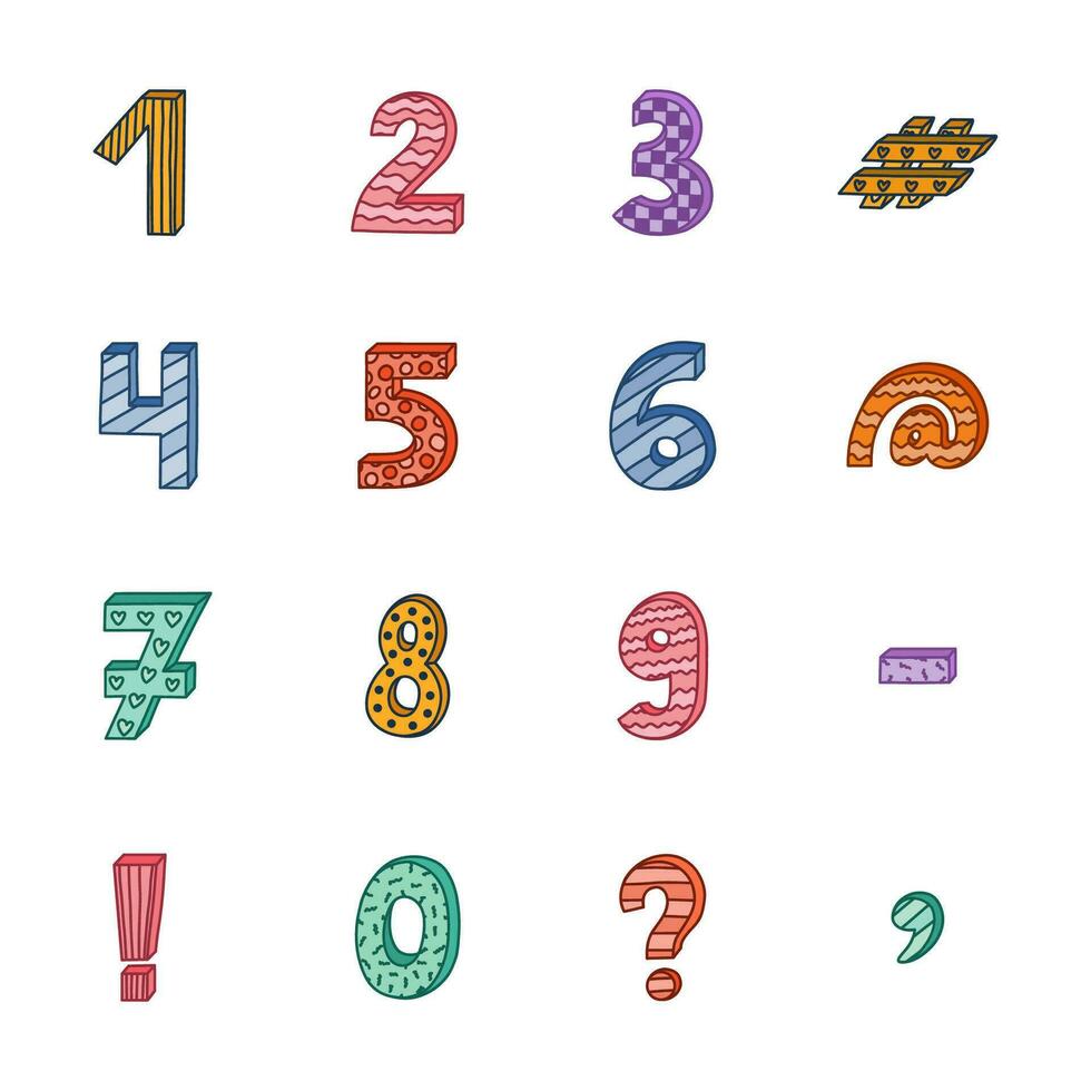 Cute funky 3d number set with memphis decoration and contrast outline. Chunky bold symbols with shadow. Funny numbers and punctuation marks for book cover, logotype, poster, banner, greeting card. vector