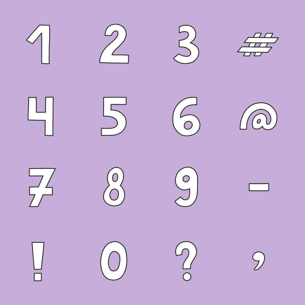Cute black and white number set with outline. Chunky bold symbols of question, comma, dash. Funny doodle numbers and punctuation marks for cover, poster, banner. Digits for retro design and logo vector