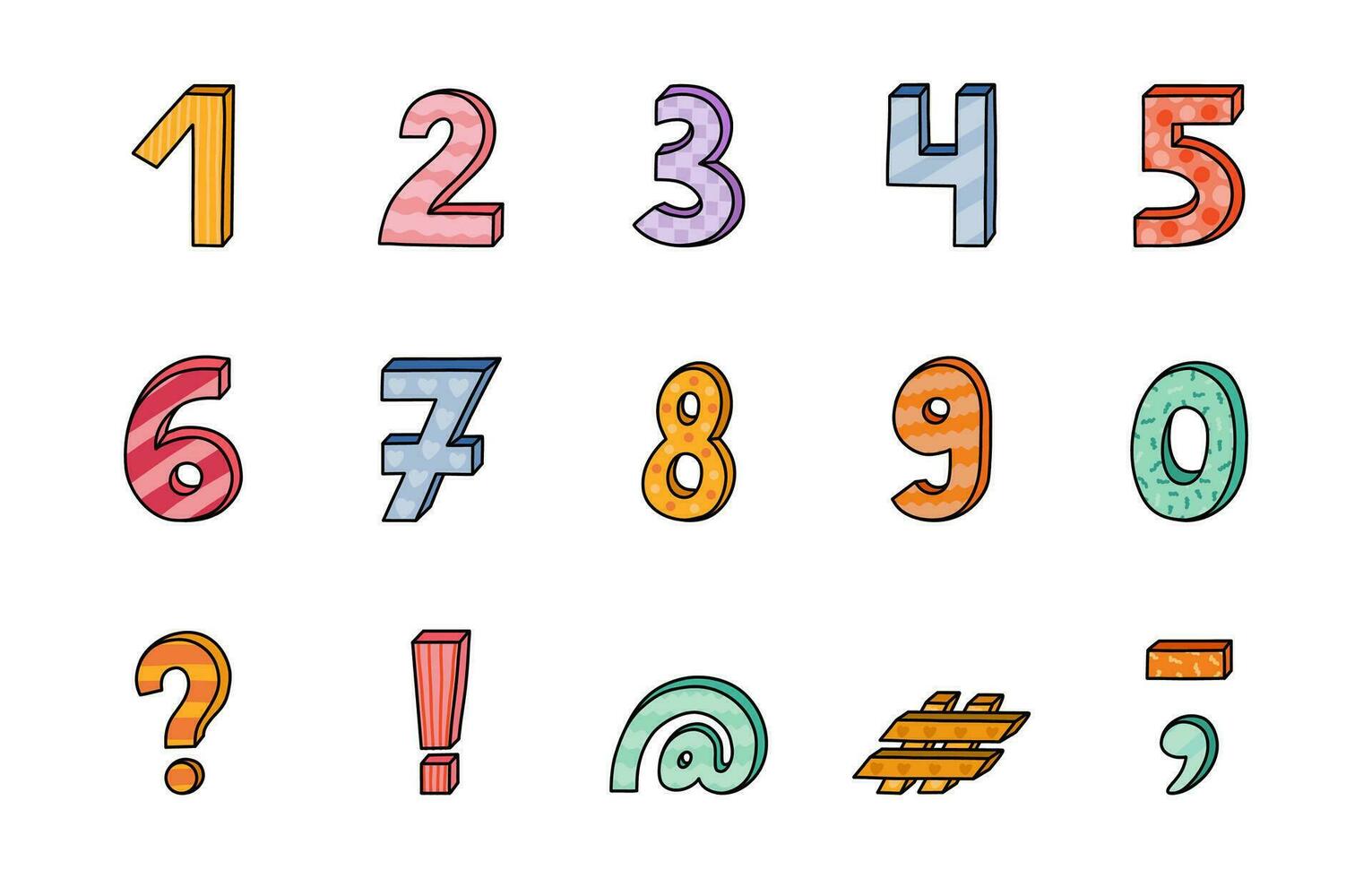 Doodle funky 3d number set with memphis decoration and hand drawn outline. Chunky bold symbols with shadow. Funny numbers and punctuation marks for book cover, logotype, poster, banner, greeting card. vector