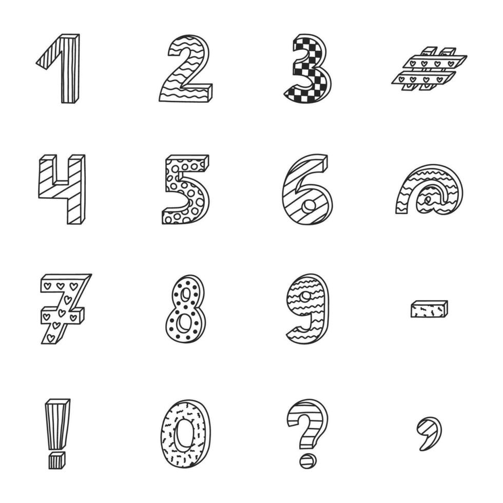 Doodle funky 3d number set with hand drawn outline and memphis decoration. Patterned bold symbols with shadow. Funny numbers and punctuation marks for cover, logotype, design template, poster vector