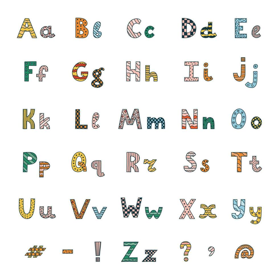 Cute funky alphabet set with contrast outline and memphis. Patterned bold font with comma, question, exclamation, hashtag. Funny latin ABC with uppercase and lowercase letters, punctuation mark. vector