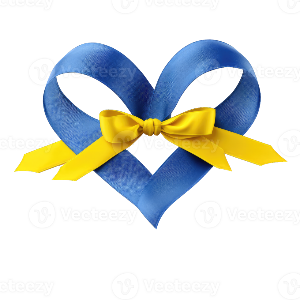 AI generated Blue heart, yellow ribbon wrapping around the heart. png