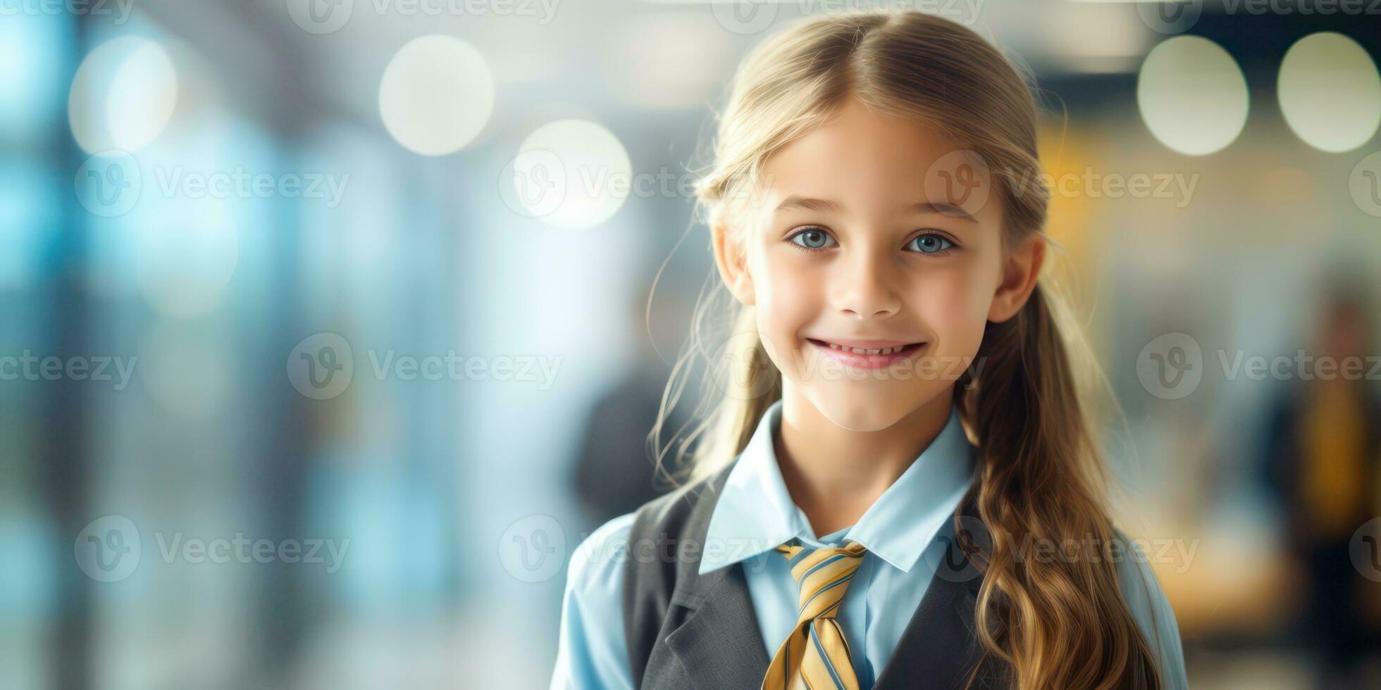AI generated Little schoolgirl smile radiates happiness photo