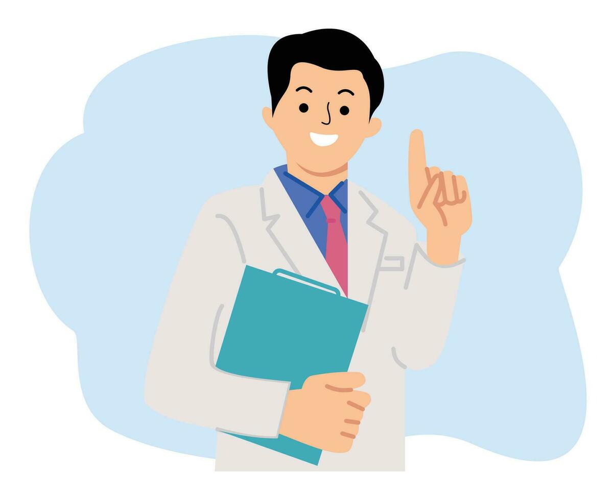 man doctor holding clipboard and showing pointing finger up vector
