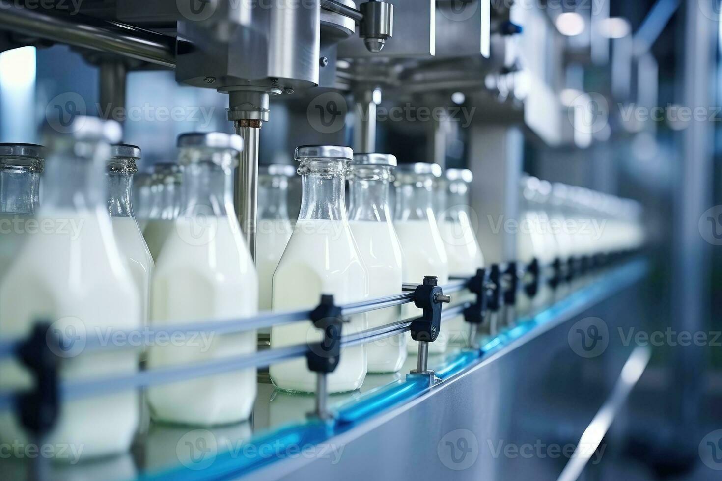 AI generated Milk factory. Robotic factory line for processing and bottling of milk. photo