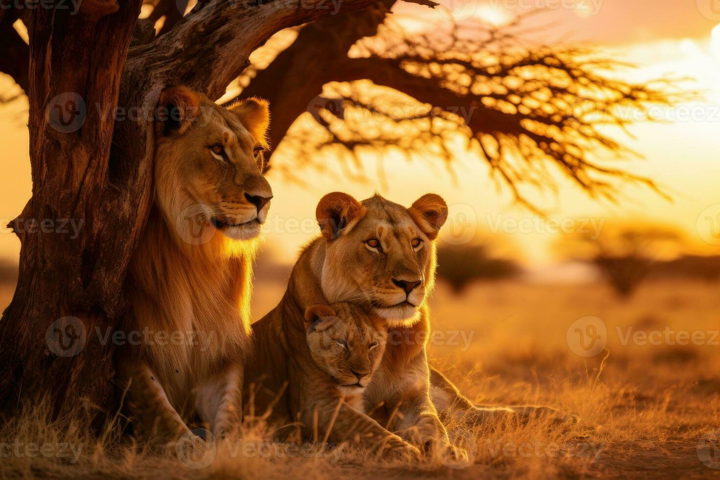 AI generated A family of lions in the African savanna at sunset. photo