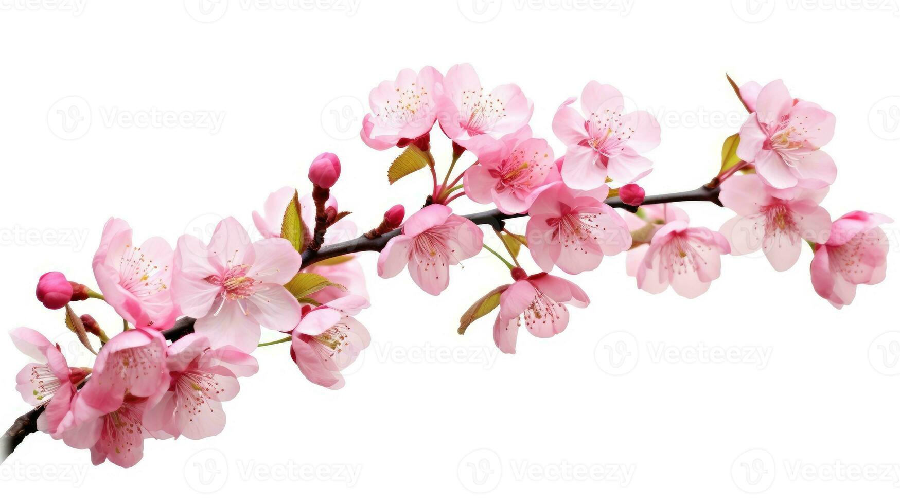 AI generated Pink cherry blossom on white background, isolated Sakura tree branch photo