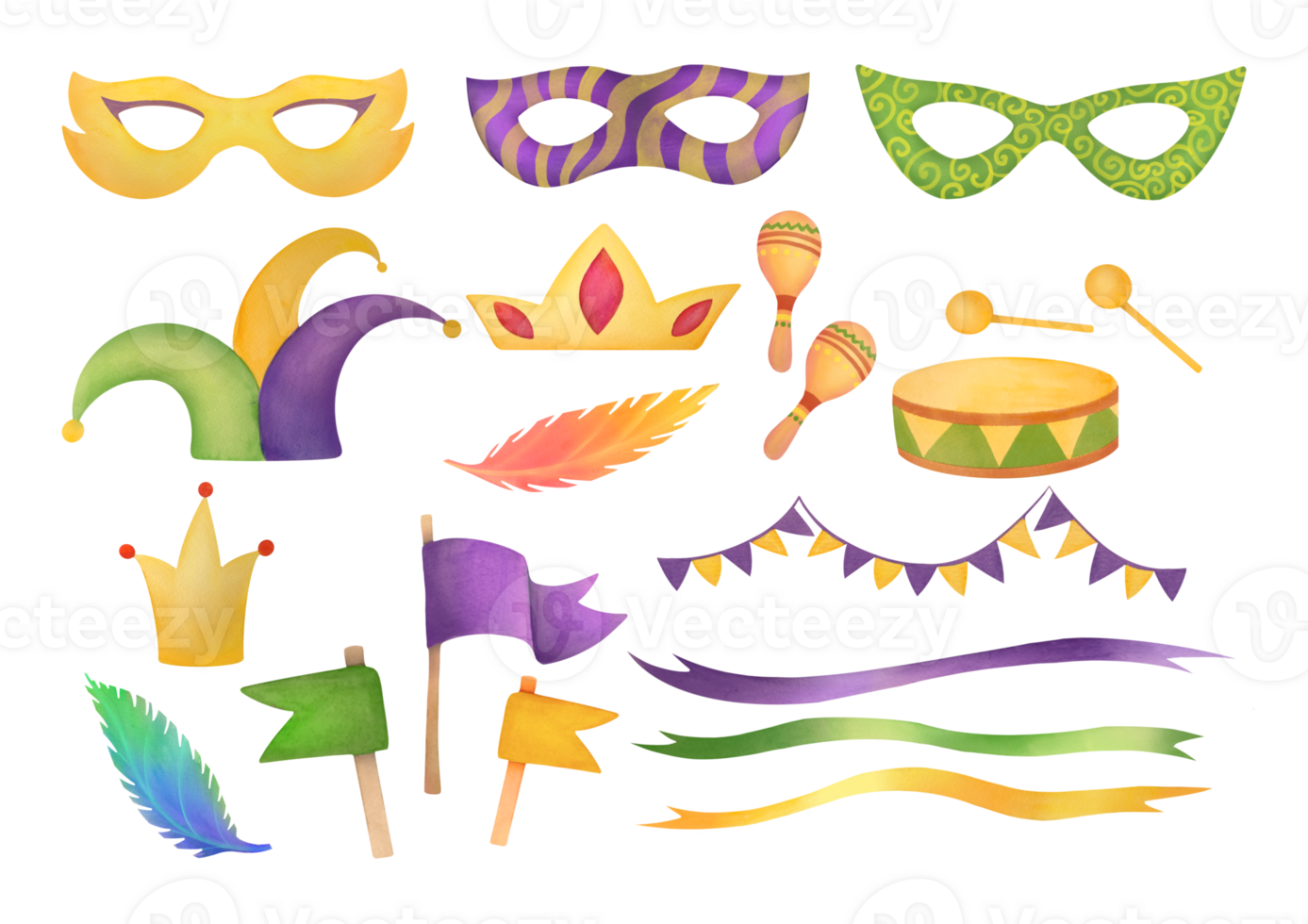 clipart ritagliare festivo mardi gras impostato con carnevale maschere, bandiere, nastri, corone, piume, batteria, maracas, cappello, ghirlanda su trasparente sfondo. grande collezione nel viola, giallo, verde colori png