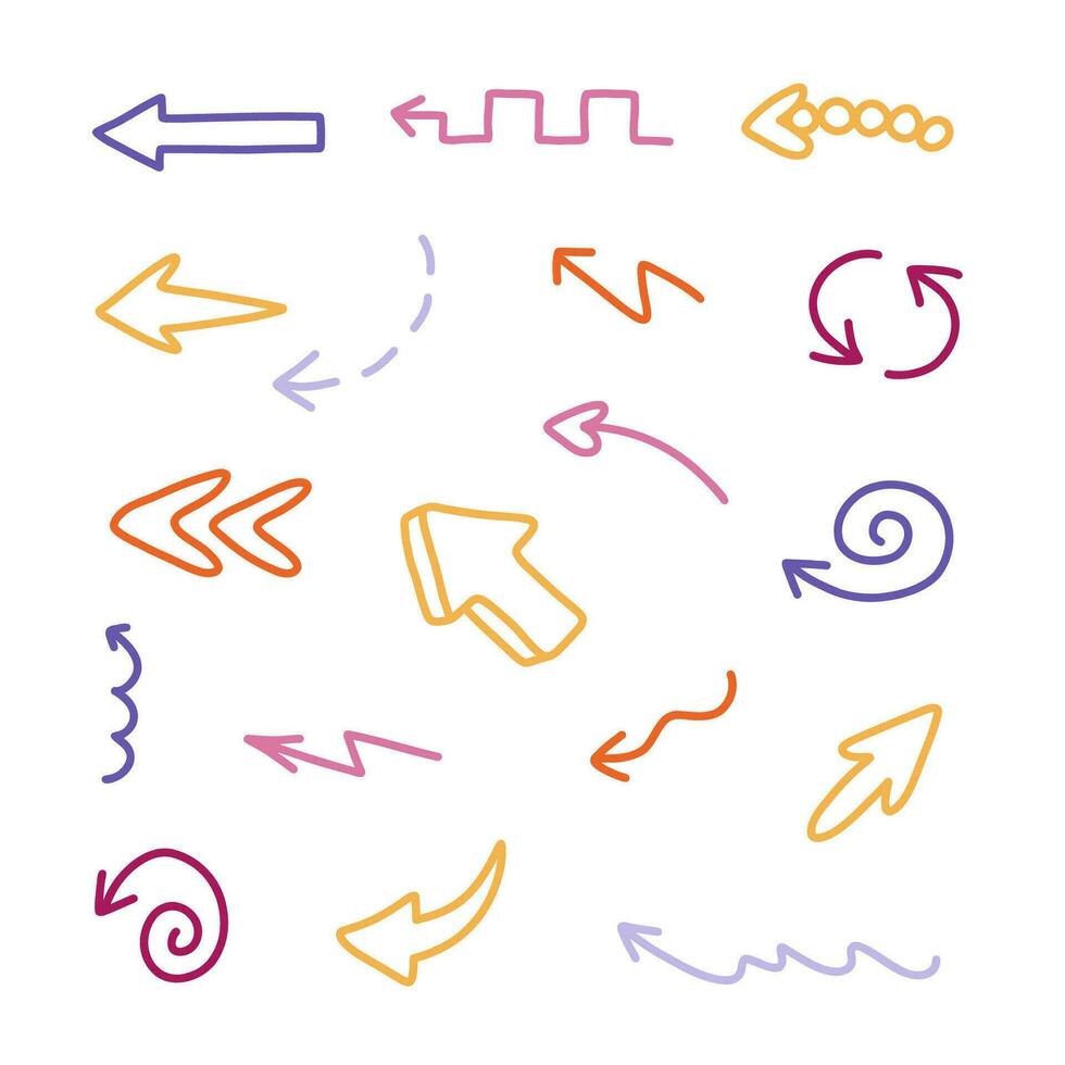 Cute arrows set in comic doodle style. Cartoon collection of arrows with hand drawn outline, curved lines, swirls in different directions. Business arrow mark icons isolated on white background vector