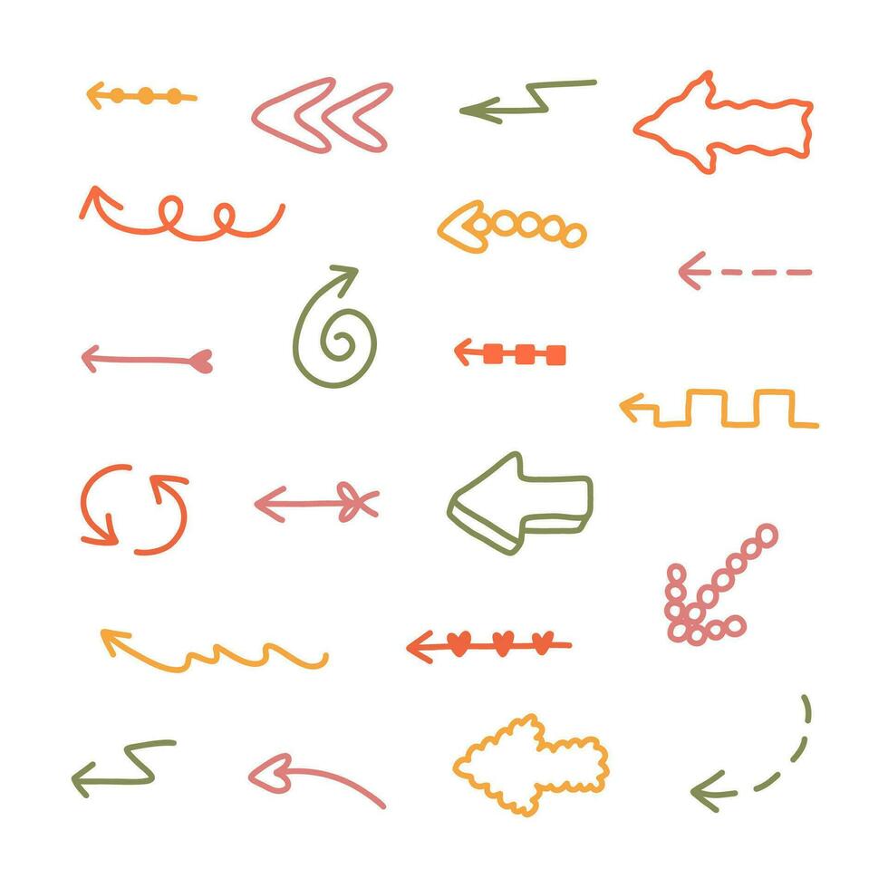 Cute arrows set in comic doodle style. Cartoon collection of arrows with hand drawn outline, curved lines, swirls in different directions. Business arrow mark icons isolated on white background vector