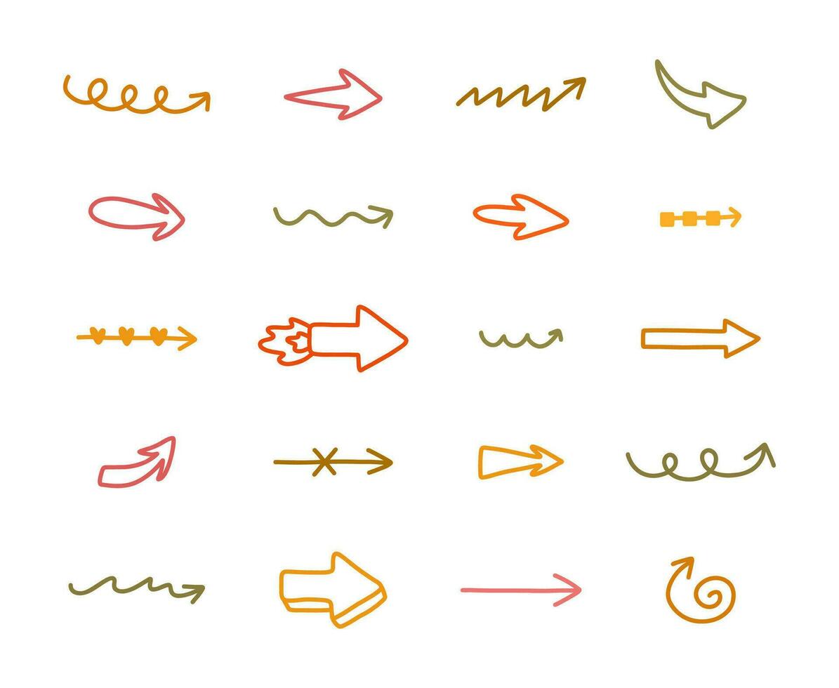 Cute hand drawn arrows set in doodle scribble style. Comic collection of freehand arrows, curved lines, swirls. Business arrow mark icons for web, banner, design isolated on white background. vector