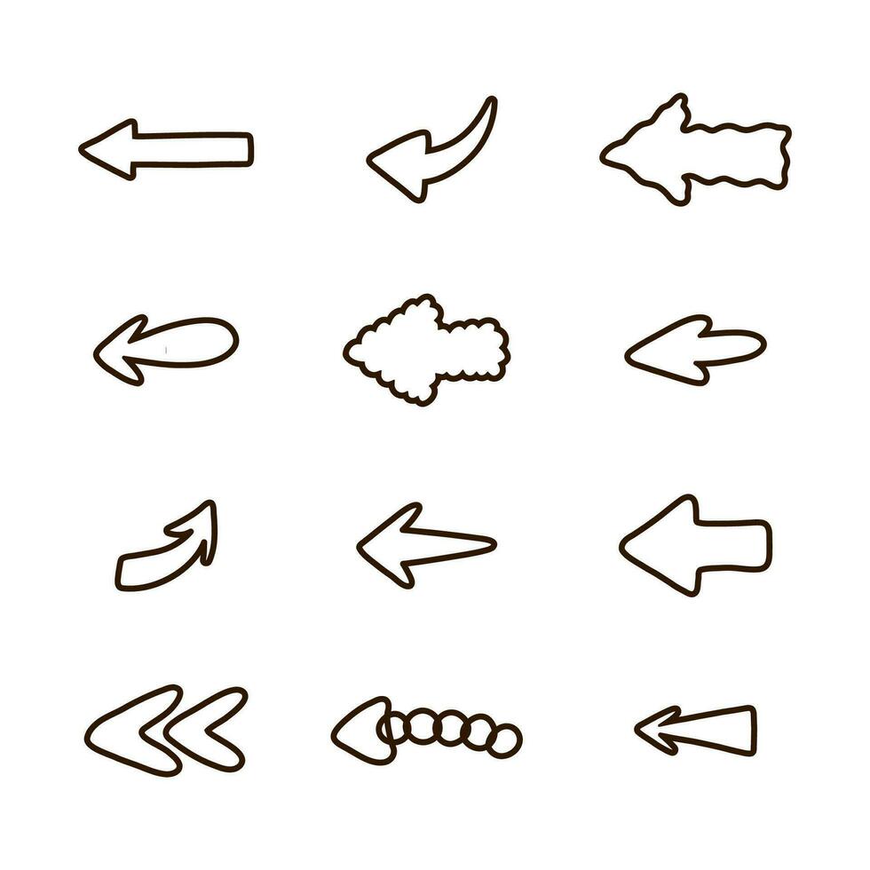 Cute arrows set in doodle scribble style. Collection of bold funky arrows with hand drawn outline in different shapes. Business arrow mark icons for web, banner, design isolated on white background. vector