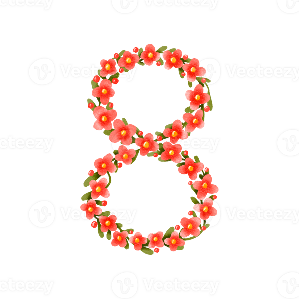 8 March greeting card template with number eight and pink and red flowers with green leaves. Happy International Womens Day. Hand drawn illustration for poster, banner, social media. Spring women png