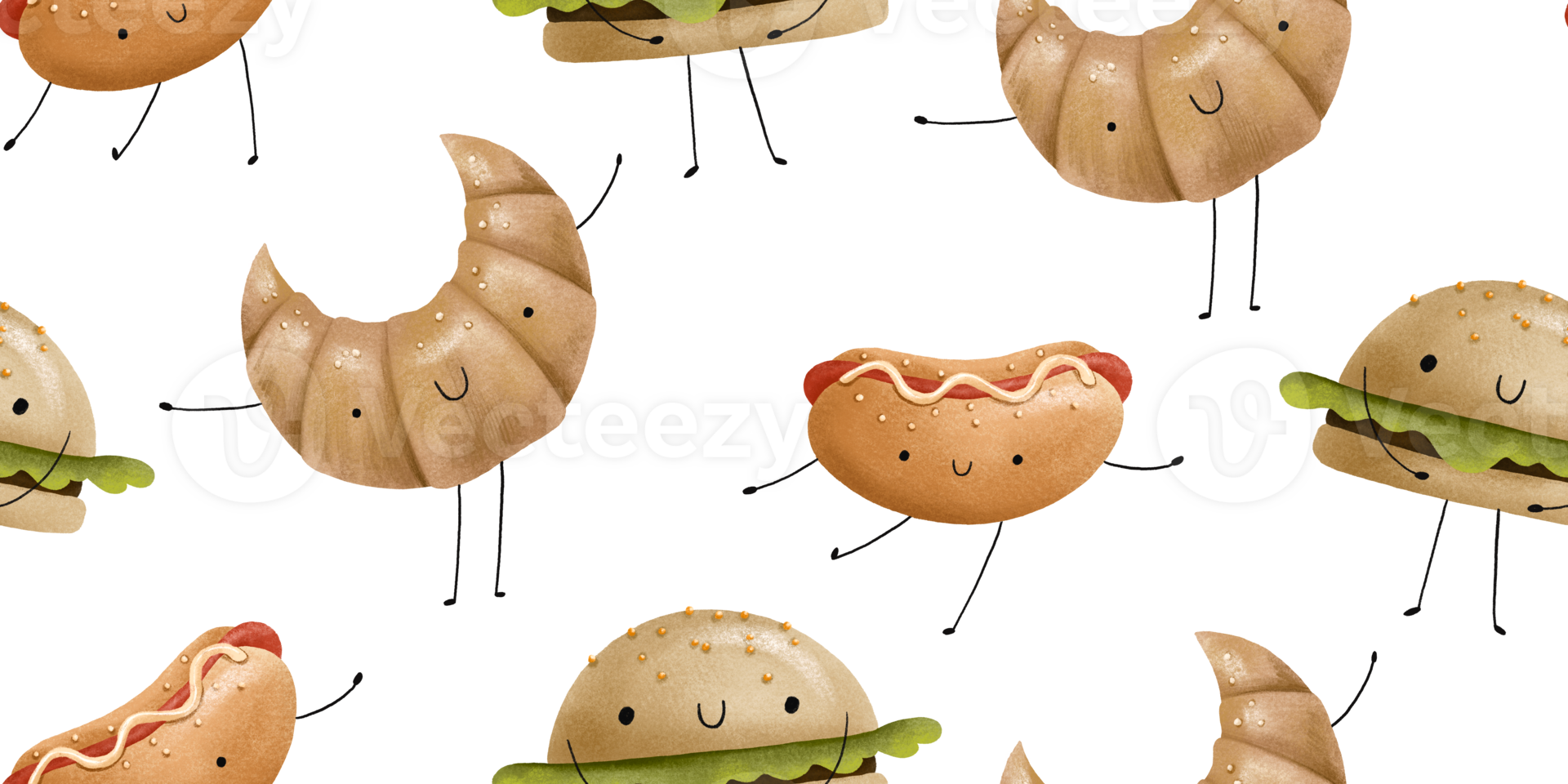 Fast food seamless pattern. Bakery with faces. Tasty burgers and croissant. Happy hot dog png