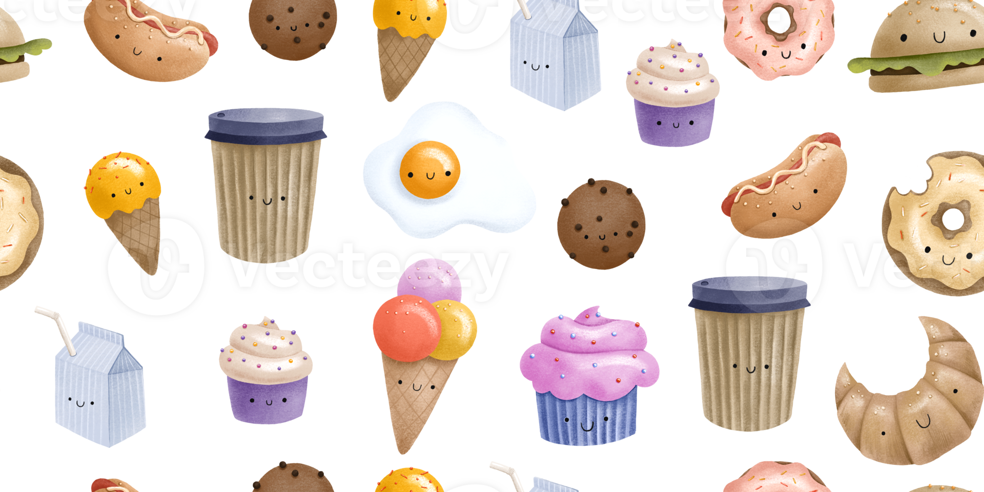 Funny seamless pattern with tasty fast food and bakery with drinks. Childish endless background png