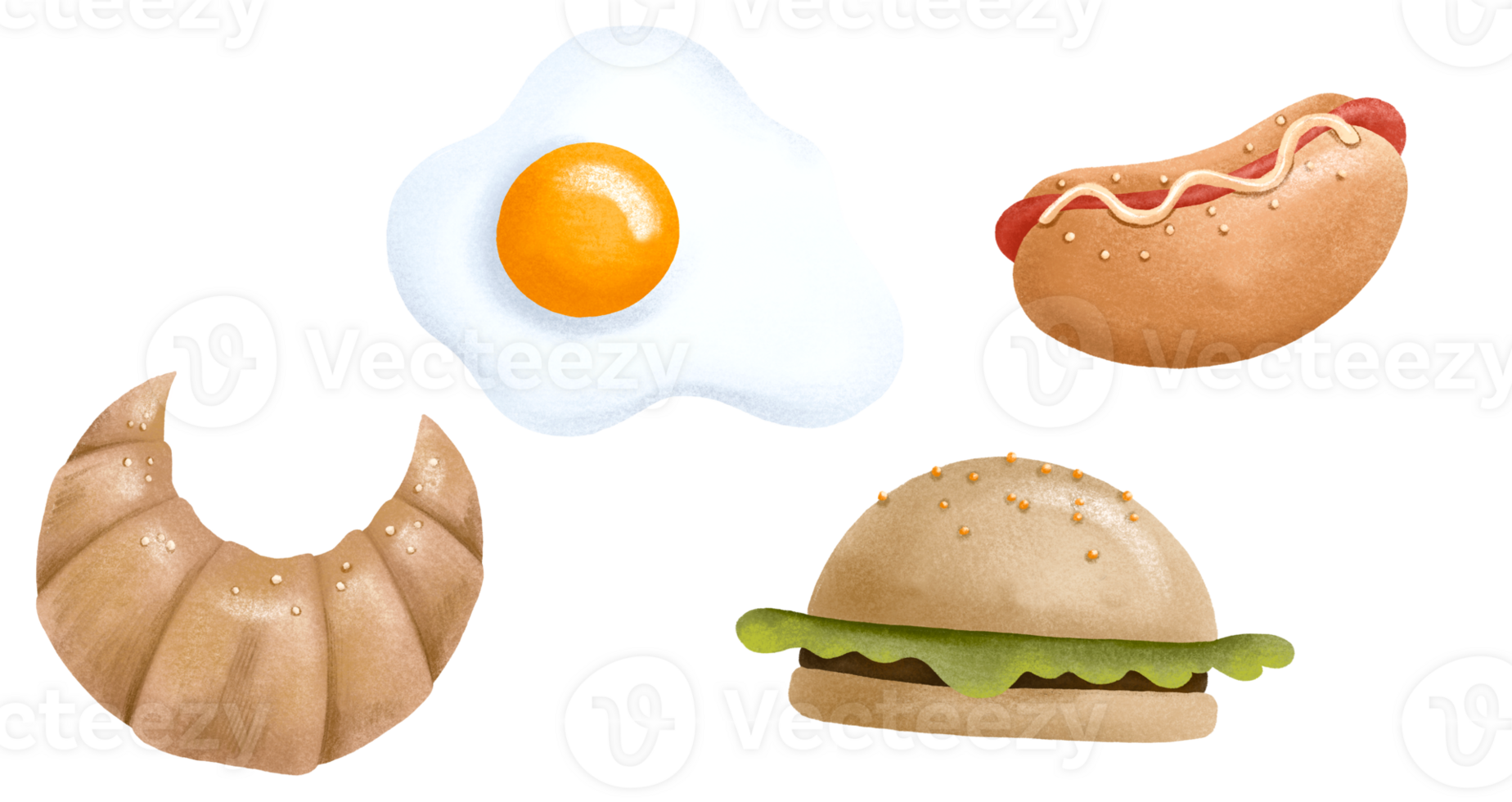 smakelijk snel voedsel hand- getrokken illustratie Aan geïsoleerd achtergrond. bakkerij croissant en hamburger. gebakken ei en hotdog met worstjes png