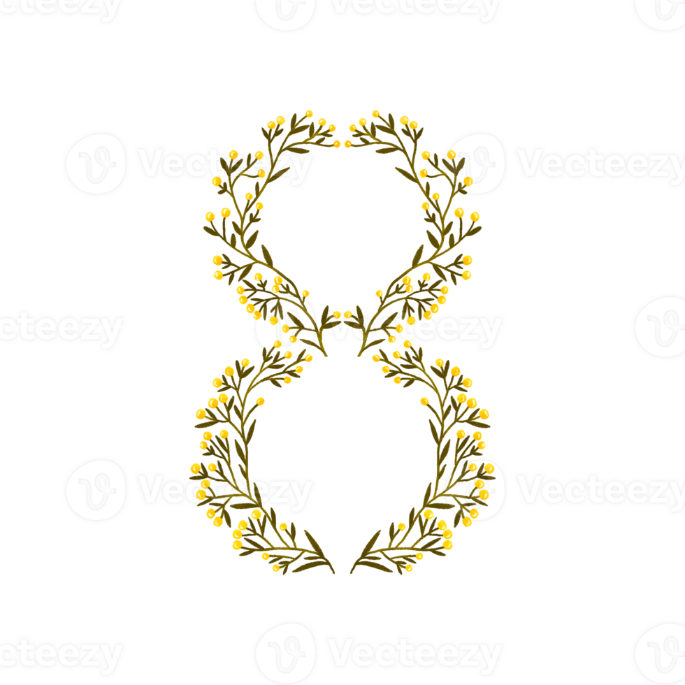 Hand drawn Floral number 8 with amazing yellow flowers and leaves  Number 8 design for international womens day. Perfect for flyers, posters, invitations, cards, webs graphics png