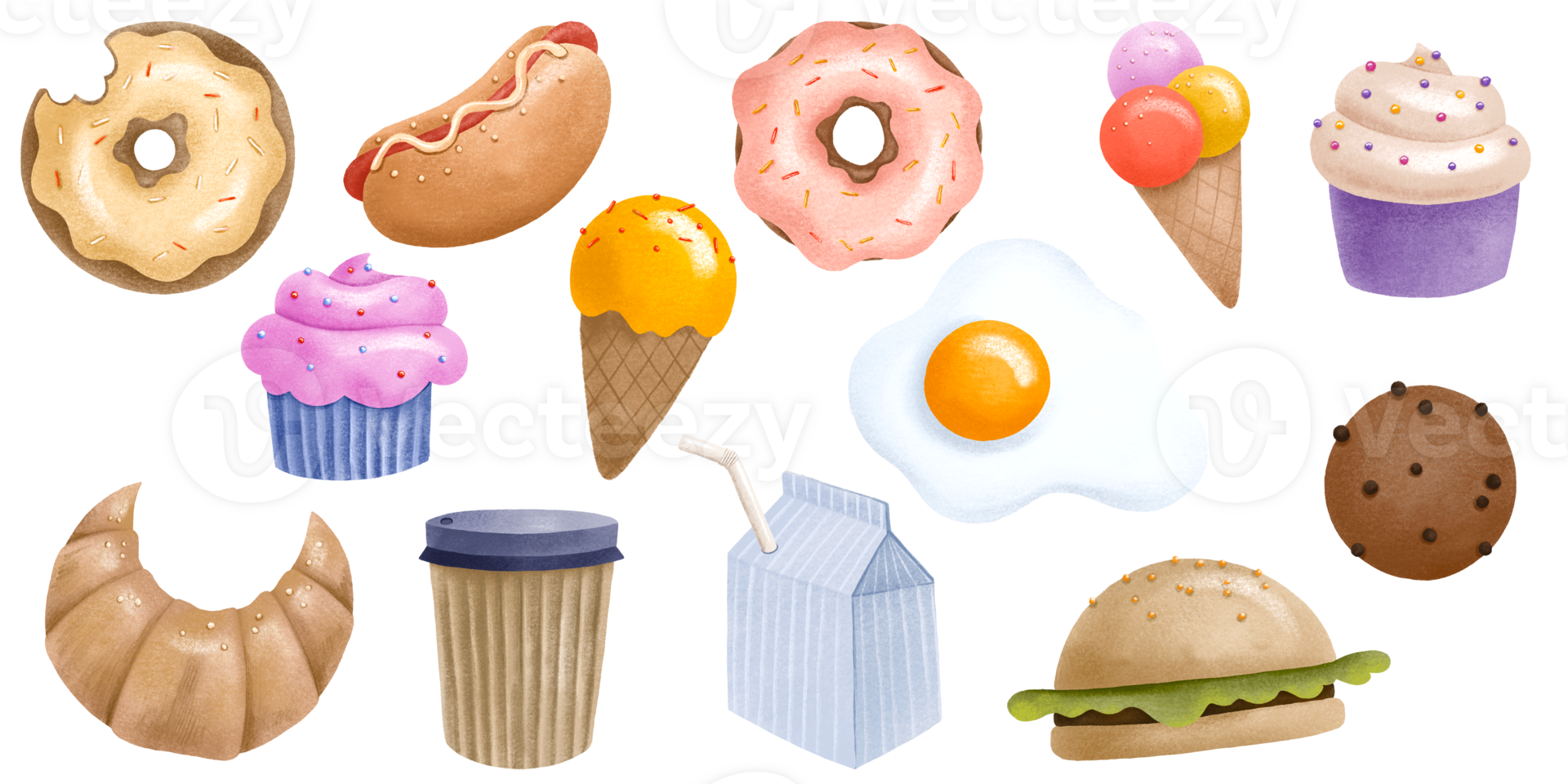 set of fast food products hand painted illustration design. Sweet bakery and fast food. Ice cream and coffee drink. Drawn childish illustration png