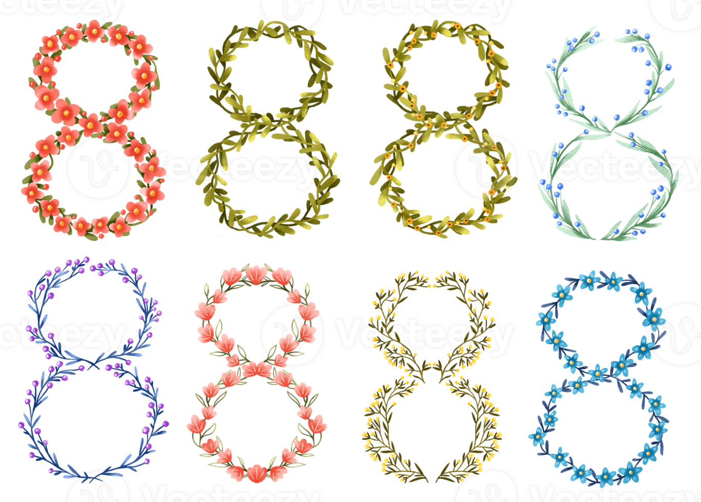 Set of number 8 with different flowers. Botanical composition for 8 march. International womens day design png
