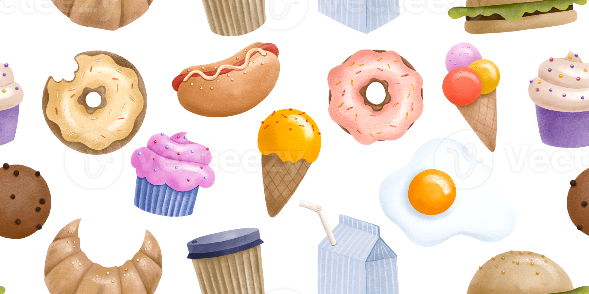Seamless pattern with tasty fast food. Bakery, fried eggs and donuts. Coffee and milk drinks. Childish endless background png