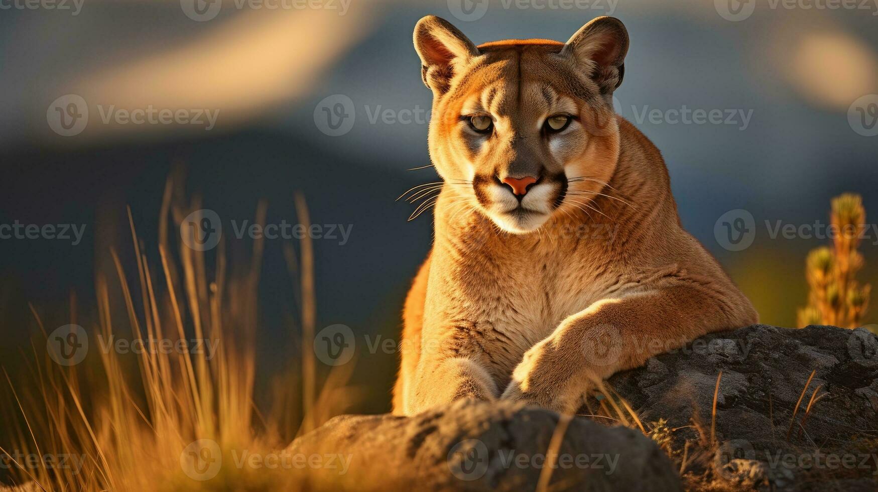 ai generado un majestuoso Puma en un rocoso afloramiento a puesta de sol foto